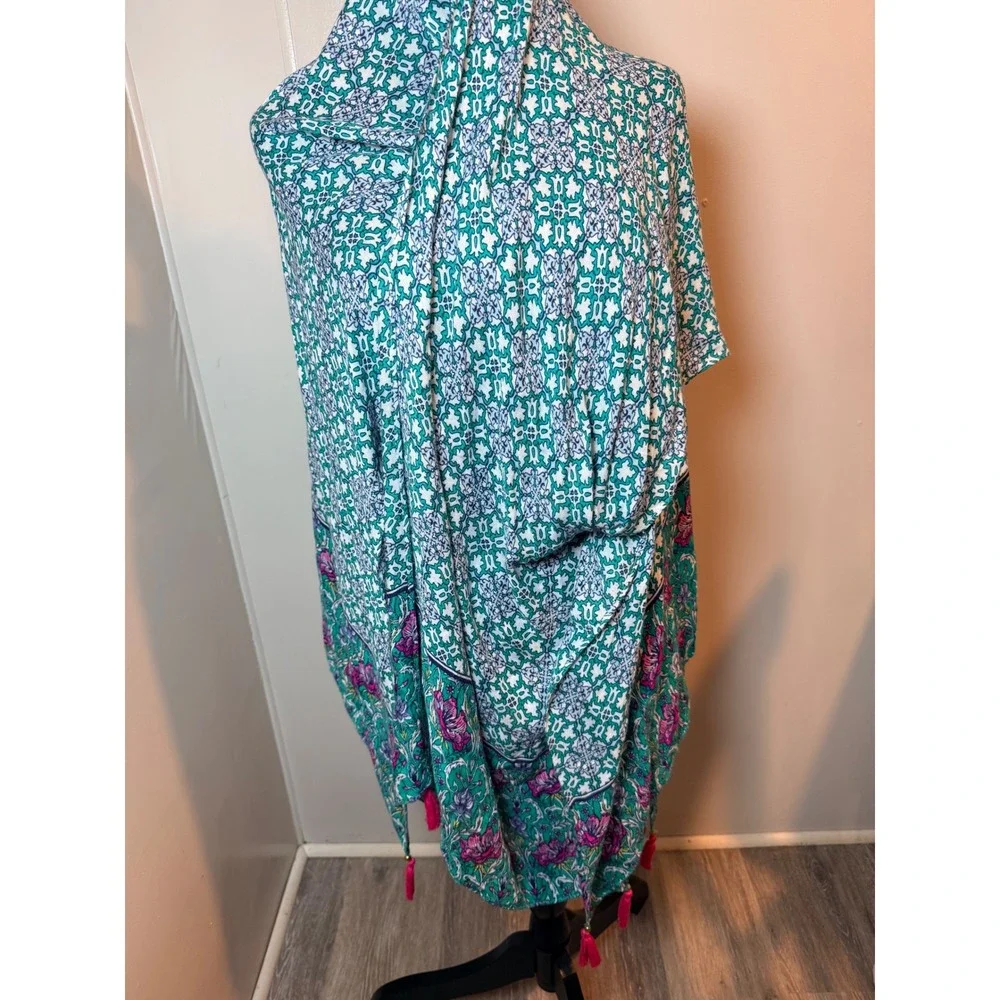 Moss Rose Green Floral Geometric Tassel Kimono‎ Wrap Scarf One Size O/S